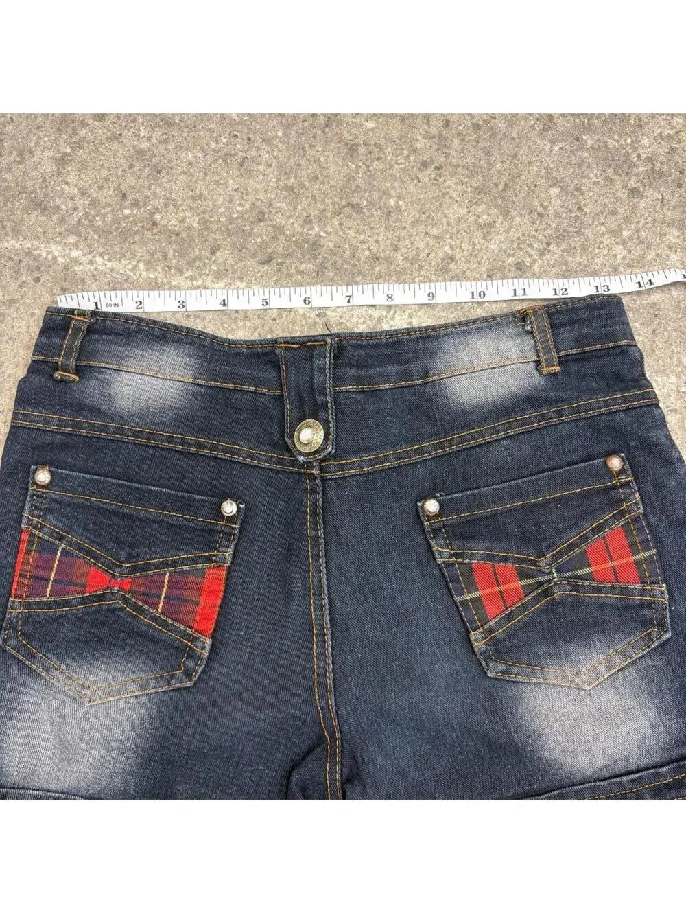 Vintage Y2K Low Rise Denim Shorts Dark Wash Button Front Plaid Pocket